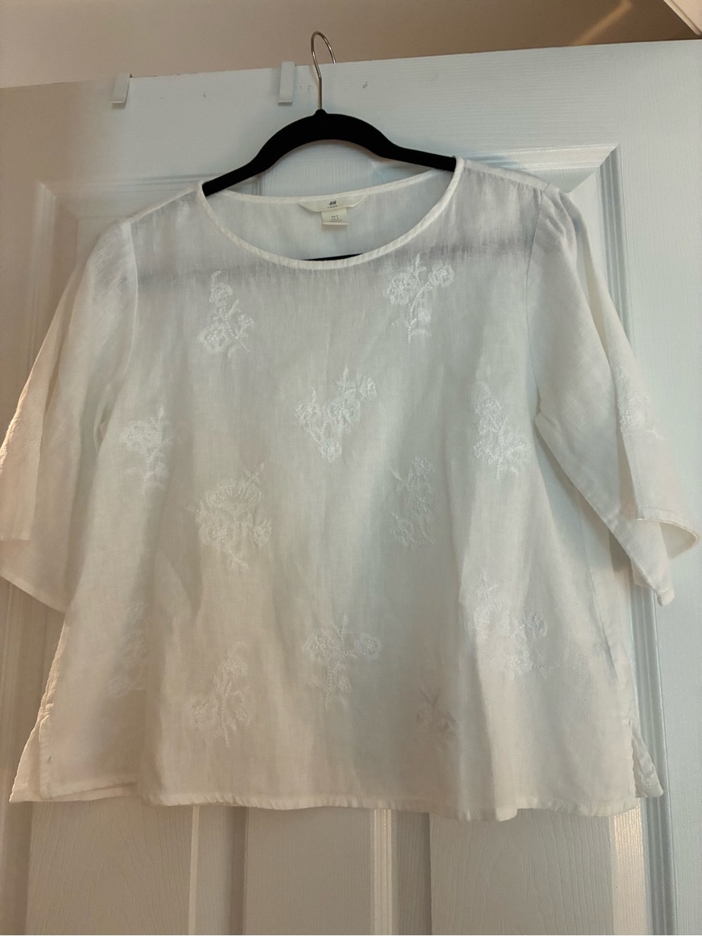H&M White Embroidered Linen Blend Women's Top